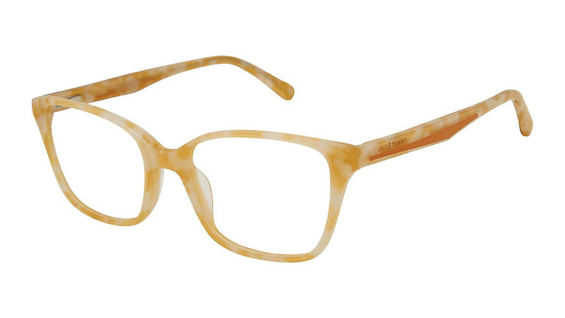 Jill Stuart 402-1 in Honey. Plastic frame with the Jill Stuart logo sitting on top of a line that goes down the length of the temple.