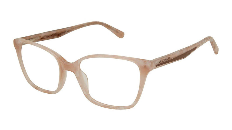 Jill Stuart 402-2 in Rose. Plastic frame with the Jill Stuart logo sitting on top of a line that goes down the length of the temple.