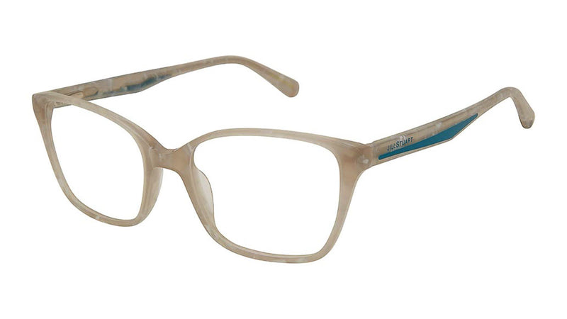 Jill Stuart 402-3 in Grey. Plastic frame with a blue Jill Stuart logo sitting on top of a blue line that goes down the length of the temple.
